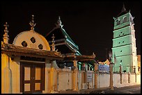 Gate, Mosque, and minaret, Masjid Kampung Hulu at night. Malacca City, Malaysia (color)