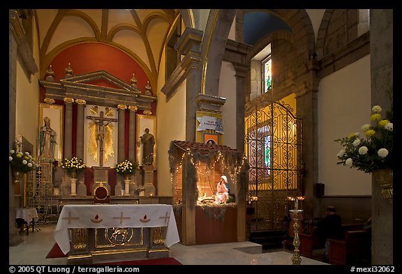 Interior of church with altar and nativity, Tlaquepaque. Jalisco, Mexico