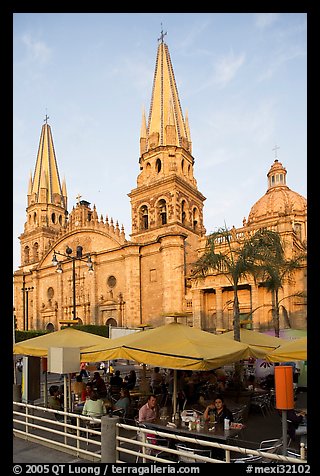 Restaurant and cathedral, late afternoon. Guadalajara, Jalisco, Mexico