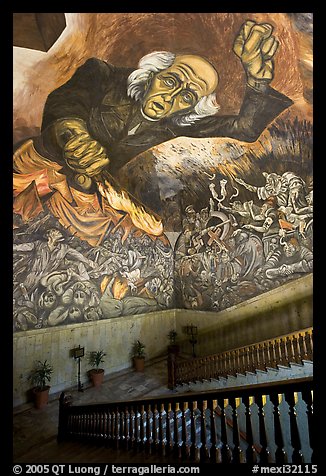 Stairway roof with portrait of  Miguel Hidalgo by  Jose Clemente Orozco in the Palacio del Gobernio. Guadalajara, Jalisco, Mexico (color)