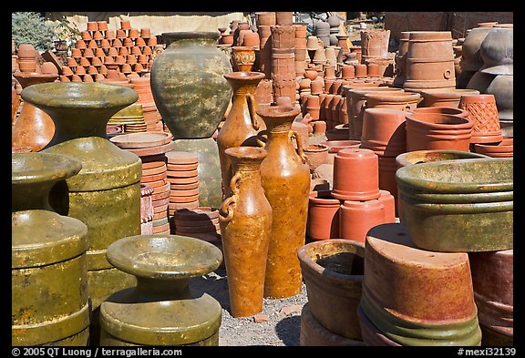 A variety of clay pots for sale, Tonala. Jalisco, Mexico (color)