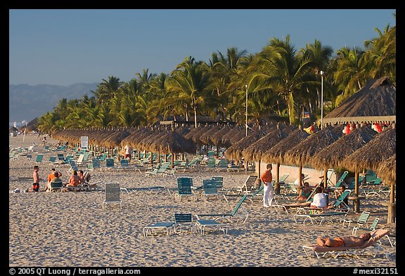Beach front with sun shades and palm trees, Nuevo Vallarta, Nayarit. Jalisco, Mexico