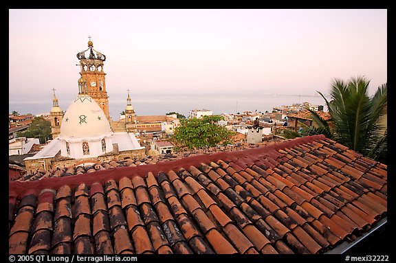 Tiled rooftop and Cathedral, and ocean at dawn, Puerto Vallarta, Jalisco. Jalisco, Mexico