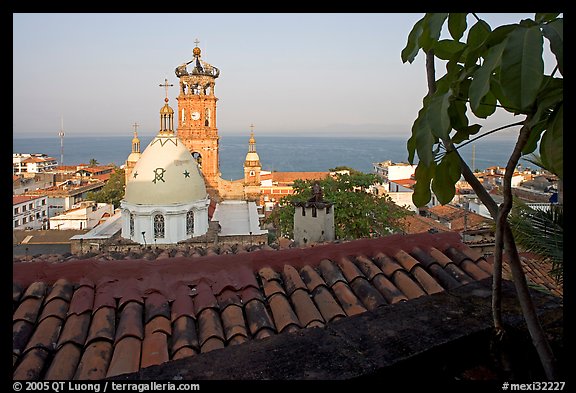 Red-tiled roof and Templo de Guadalupe Cathedral, early morning, Puerto Vallarta, Jalisco. Jalisco, Mexico