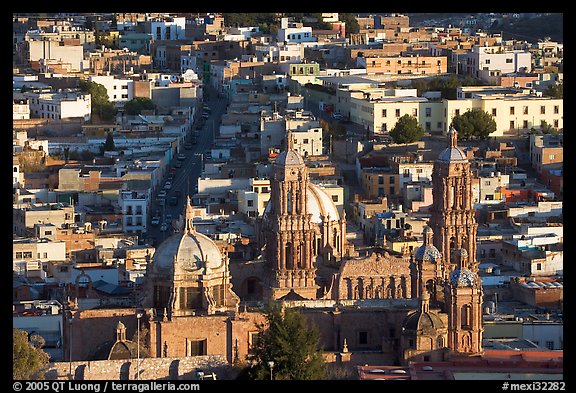 Cathedral and roofs seen from above, late afternoon. Zacatecas, Mexico
