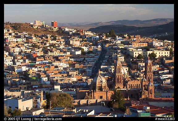 Panoramic view of Cathedral and town, late afternoon. Zacatecas, Mexico