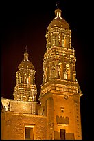 Churrigueresque towers of the Cathedral by night. Zacatecas, Mexico ( color)