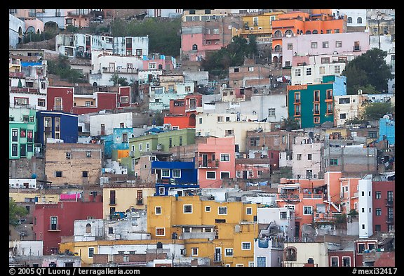 Steep hill with multicolored houses. Guanajuato, Mexico (color)