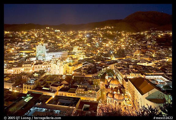 Historic town at night with illuminated monuments. Guanajuato, Mexico