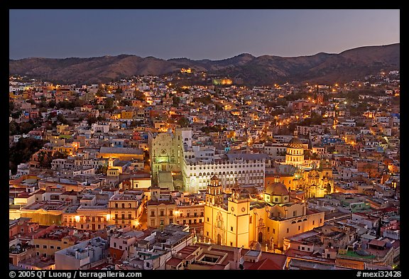 Panoramic view of the historic town with illuminated monuments. Guanajuato, Mexico