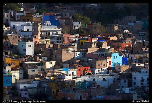 Vividly colored houses on hill, early morning. Guanajuato, Mexico