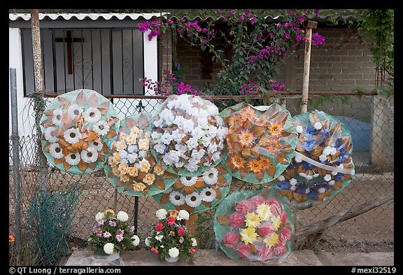 Floral wheels in a cemetery. Mexico