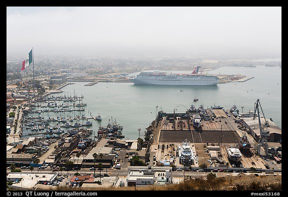 Harbor and cruise ship from above, Ensenada. Baja California, Mexico (color)
