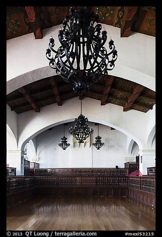Ballroom and intricate ironwork in heavy chandeliers, Riviera Del Pacifico, Ensenada. Baja California, Mexico (color)