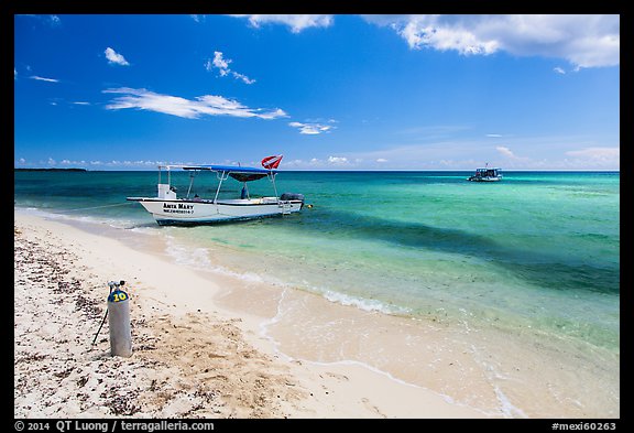 Dive boats and beach. Cozumel Island, Mexico (color)