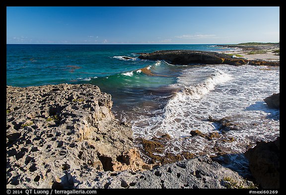Surf and rock with holes. Cozumel Island, Mexico (color)