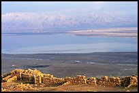 Ancient ruined walls of Masada and Dead Sea valley. Israel