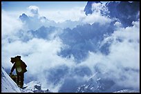 Alpinist exits Aiguille du Midi. Alps, France