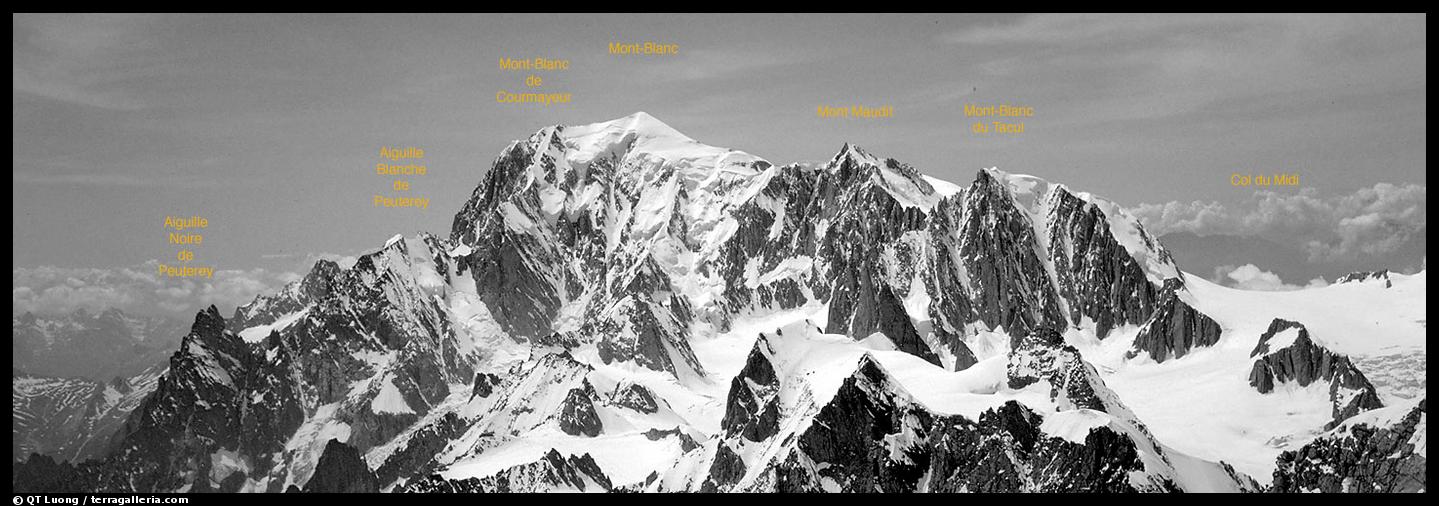 Mont-Blanc group, seen from Grandes Jorasses. Alps, France (color)