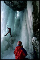 Paul and Vincent are going to avoid the vertical free standing section of the main falls of Gialorgues by climbing through an ice-tunnel, an experience of rare beauty. Alps, France