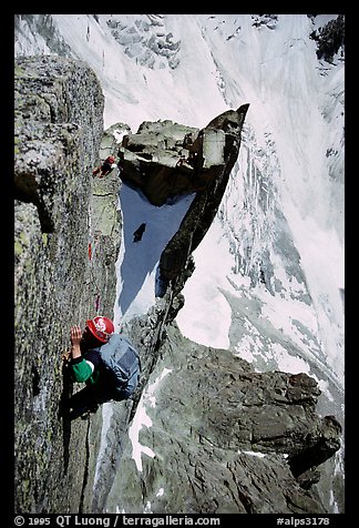 Climber on Aig. des Pelerins,  Mont-Blanc Range, Alps, France.  (color)