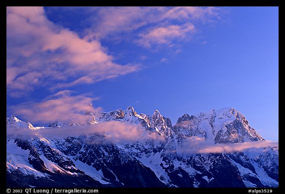 Grandes Jorasses and aretes de Rochefort seen from the Val Veny at sunrise, Alps, Italy.