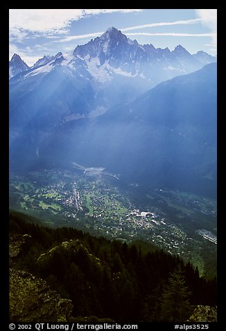 Mont Blanc range and Chamonix Valley, Alps, France.