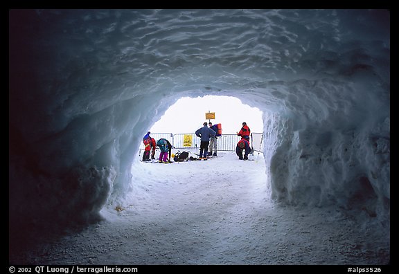 Ice tunnel leading to the ridge exiting Aiguille du Midi. Alps, France