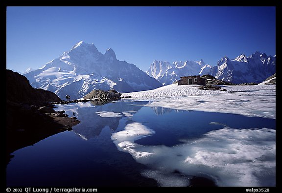 Mountain hut at Lac Blanc and Mont-Blanc range, Alps, France.