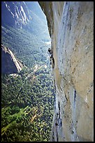 Valerio Folco at the belay, Tom McMillan cleaning the crux pitch. El Capitan, Yosemite, California (color)