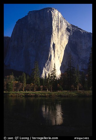 The Nose is the line between light and shadow in the center of El Cap. El Capitan, Yosemite, California (color)
