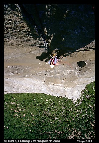 Following the Shield slab, still overhanging. El Capitan, Yosemite, California (color)