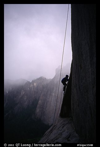 During a stormy day on an attempt  on  Mescalito, El Capitan. Yosemite, California (color)