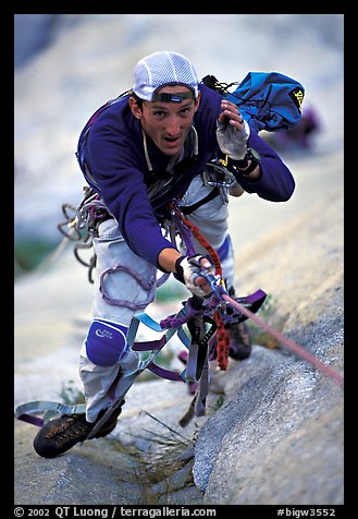 Valerio Folco ascending the rope. El Capitan, Yosemite, California