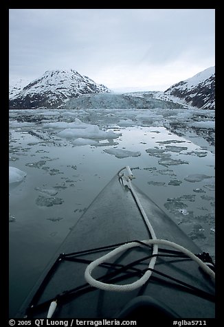 Kayaks prow, floating icebergs, and glacier. Glacier Bay National Park, Alaska (color)