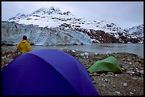 Park visitor looking, camp in front of Lamplugh Glacier. Glacier Bay National Park, Alaska