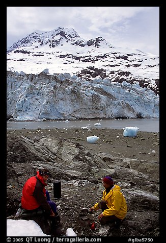 Cooking in front of Lamplugh Glacier. Glacier Bay National Park, Alaska (color)