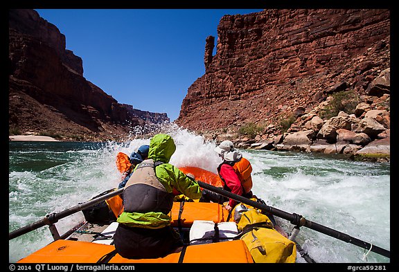 Raft riding rapids below Indian Dick. Grand Canyon National Park, Arizona (color)