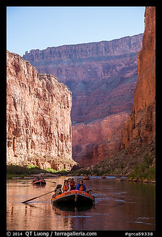 Rafts and towering steep cliffs in  Marble Canyon, early morning. Grand Canyon National Park, Arizona