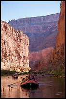 Rafts and towering steep cliffs in  Marble Canyon, early morning. Grand Canyon National Park, Arizona