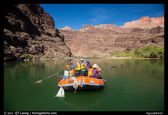 Oar-powered raft on tranquil section of the Colorado River. Grand Canyon National Park, Arizona