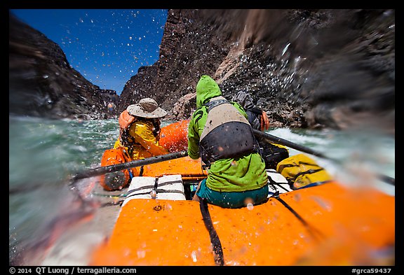 Water splash in rapid on oar-powered raft. Grand Canyon National Park, Arizona