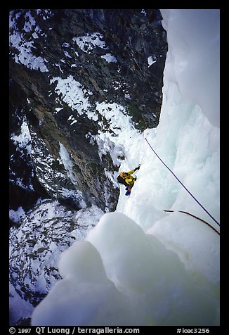 Higher, the fourth pitch ends up with an airy traverse. Lilloet, British Columbia, Canada
