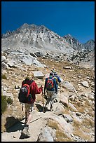 Hikers on trail, Dusy Basin. Kings Canyon National Park, California (color)