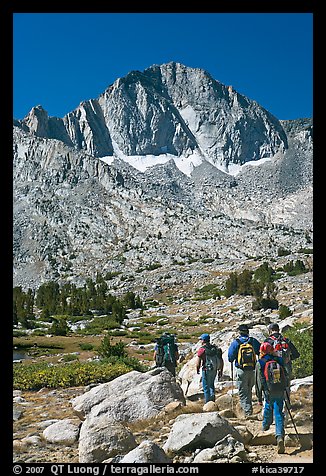 Hikers and Mt Giraud, Dusy Basin. Kings Canyon National Park, California (color)