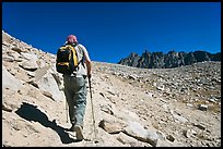 Hiker heading towards Biship Pass, Dusy Basin. Kings Canyon National Park, California