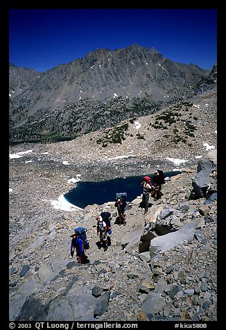 Backpackers near a tarn Lake. Kings Canyon National Park, California