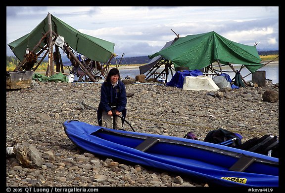 Inflating the canoe next to an Eskimo fish camp in Ambler. Kobuk Valley National Park, Alaska