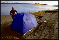 Camper setting up tent on a sand bar along the Kobuk River. Kobuk Valley National Park, Alaska