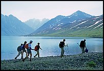 Group of hikers on the shores of Turquoise Lake. Lake Clark National Park, Alaska